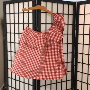 Red gingham one shoulder ruffle top